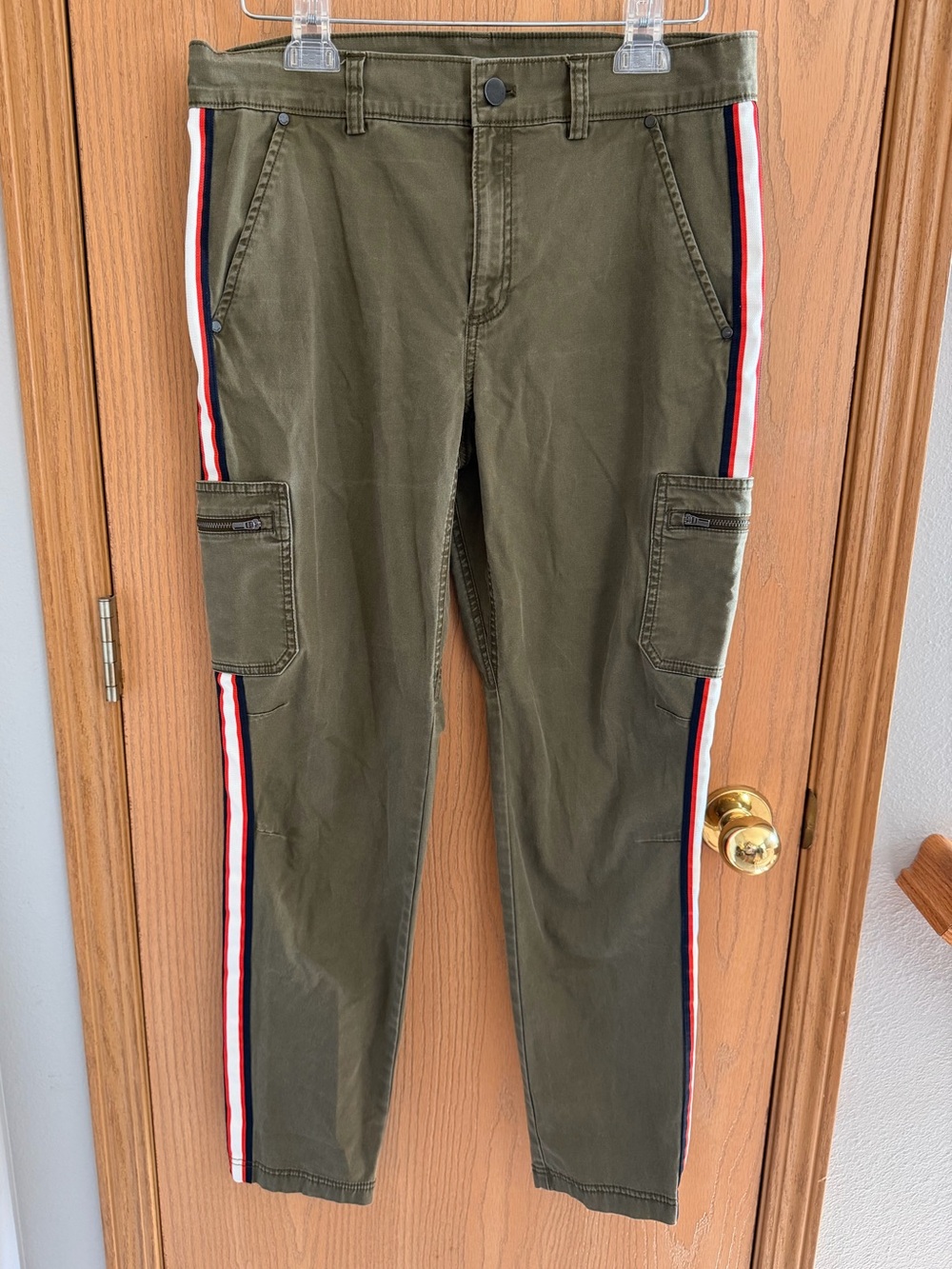 Athleta Olive Green Summit Cargo Track Pants Red-White-Blue Stripe Women Sz 6